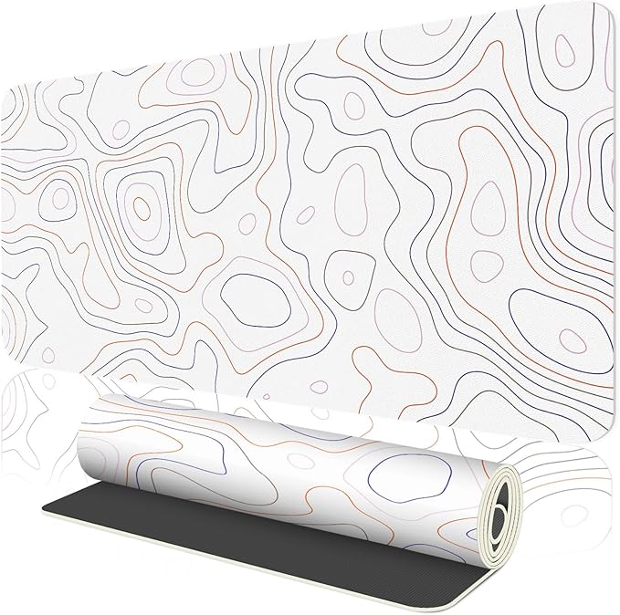 BLESWIN White Topographic Map Desk Mat 31.5" x 15.7", PU Leather Computer Laptop Desk Mat, Non-Slip Waterproof Mouse Keyboard Pad, Desk Writing Matt for Work/Home, 31.5"x 15.7", Topographic