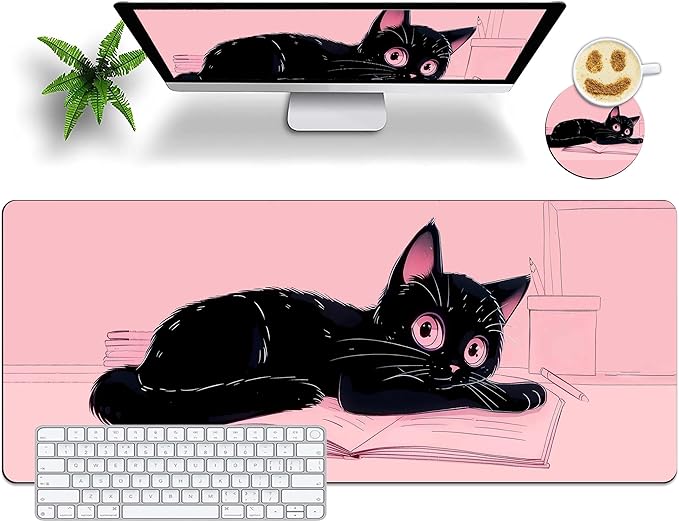 Extended Mouse Pad with Coaster 31.5 x 11.8 Desk Pad Full Desk Mousepad Stitched Edges Desk Mat Long Large Gaming Mouse Pad for Desk Office Home Cat Pink