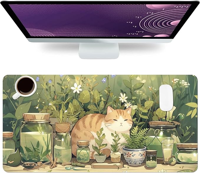 Cute Desk Mat, Kawaii White Cat Large Mouse Pad for Desktop, PU Leather Waterproof Desk Pad, Anti-Slip Computer PC Laptop Protector Gaming Mouse Pads for Office Home Decorations (31.5" x 15.7")