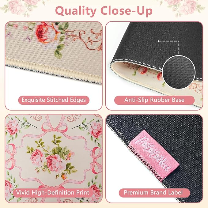 Beige Floral Boho Mouse Pad Large 35.4×15.7 Aesthetic Girly Desk Mat for Women Girls,Non-Slip Water-Resistant Pad for Home Office Gaming