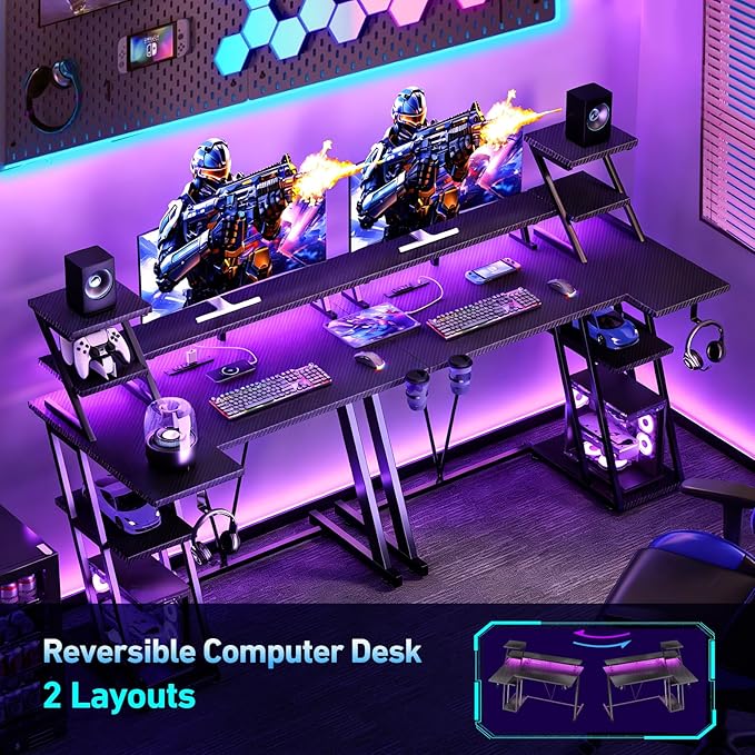Korfile 47 Inch Gaming Desk with LED Lights & Power Outlet, L Shaped Computer Desk with Storage Shelves, Gamer Workstations with Monitor Stand for Bedroom, Carbon Fiber Black