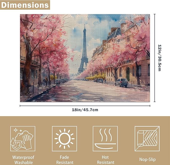 Paris Tower Pink Romantic Tree Linen Placemats Set of 6, Decorative Table Mats 12x18 Inch, Washable Heat Resistant Placemats for Dining Table Kitchen Home Decor