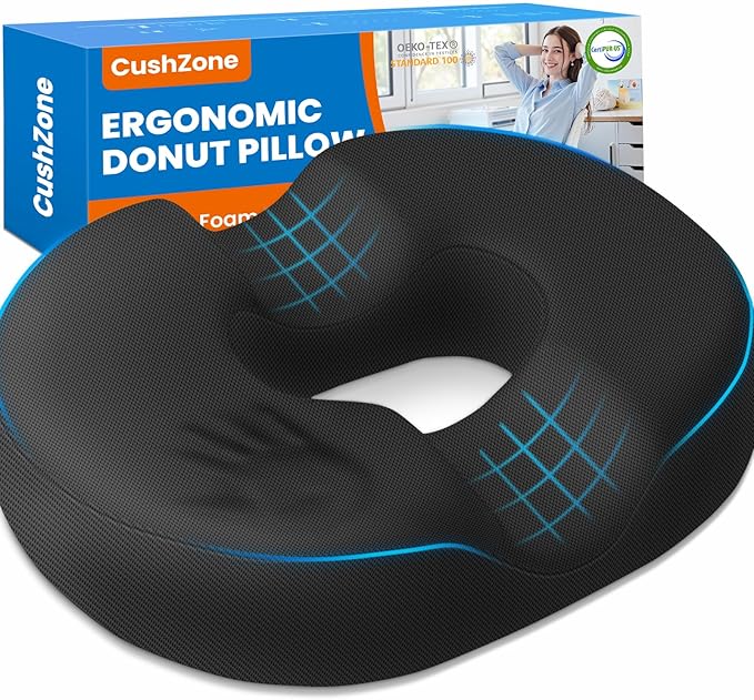 CushZone Donut Pillow for Postpartum Pregnancy - Large Ergonomic Chair Seat Cushions, Office Chair Cushion, Breathable Hemorrhoid Pillow, Lifting Chair Pads for Sitting, After Surgery(Black, XXL)