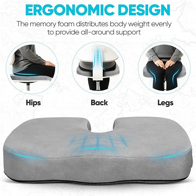 FORTEM Seat Cushion, Office Chair Cushion, Memory Foam Car Seat Cushions, Sciatica Coccyx Tailbone Pain Relief, Chair Cushions for Back Support, Sitting Pad for Gaming, Washable Cover, Non Slip