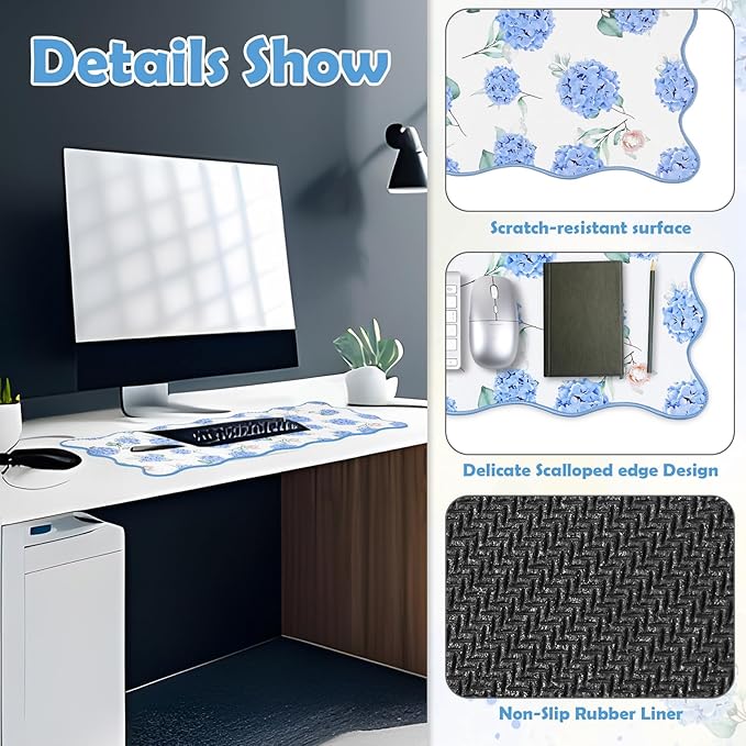 Copkim 1 Pcs Blue Scalloped Hydrangea Desk Mat 31.5 x 11.8 Inch Large Cute Mouse Pad Computer Mat Non Slip Waterproof Rubber Base with Border Stitching Soft Keyboard Pad for Home Office Gaming Makeup