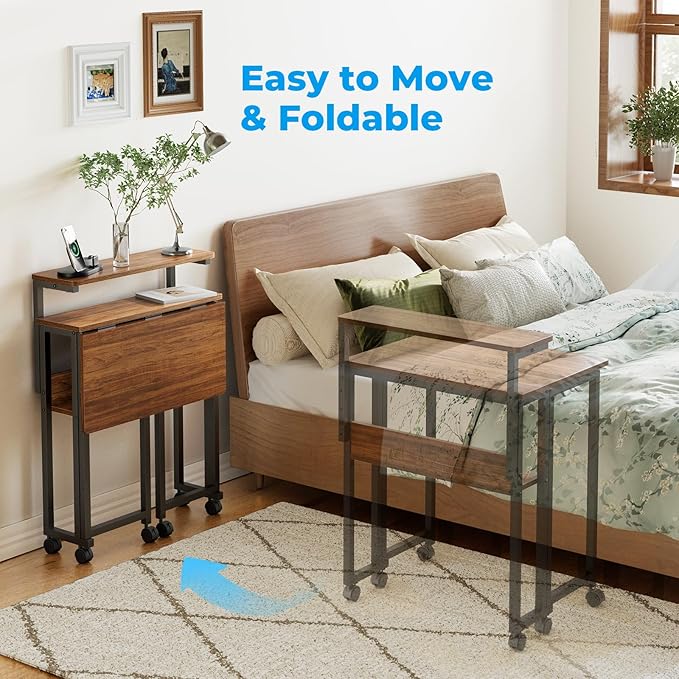 GreenForest Folding Desk with Adjustable Monitor Stand and Storage Shelf, 24.8in Small Desk with Wheels, Mobile Rolling Table for Small Spaces, Home Office, Walnut