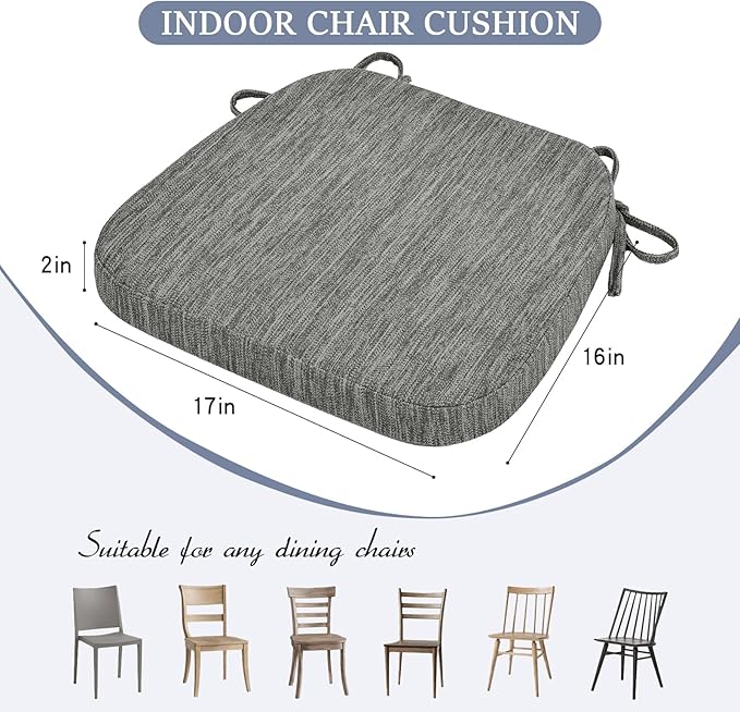 baibu Kitchen Chair Cushions Set of 4, Dual-Layer Patented Design Memory Foam Dining Chair Pads with Ties and Washable Cover, 4 Pack, 17" x 16" x 2", Grey