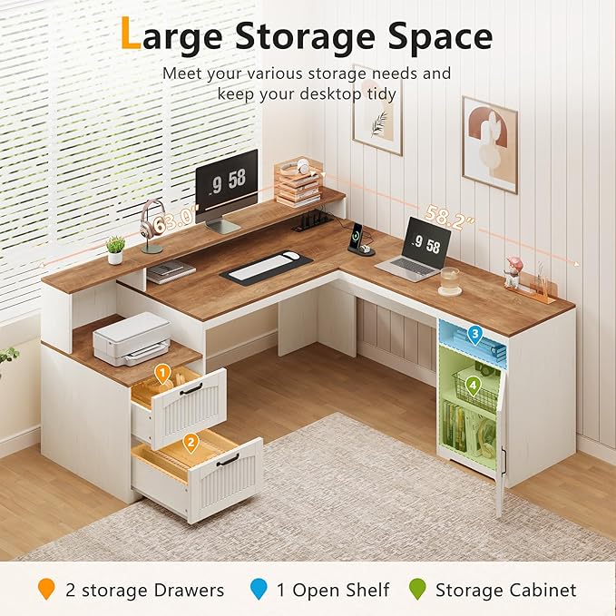 YOMILUVE 63" Farmhouse L Shaped Executive Desk with Drawers & Storage Shelf, Corner Fluted Computer Desk with Power Outlets, L Shaped Office Desk with Monitor Stand, Printer Shelf
