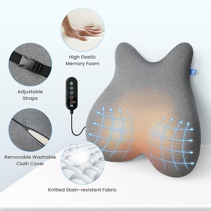 CILI Heated Lumbar Support Pillow for Office Chair, Ergonomic Back Support Cushion with Vibration, Memory Foam Chair Back Massager,Father‘s Day Gift for Dad