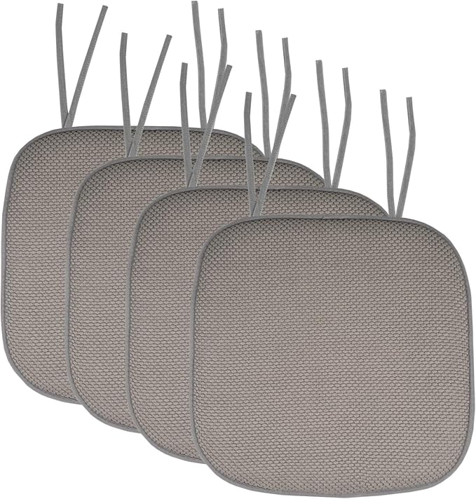 Sweet Home Collection Chair Cushion Memory Foam Pads with Ties Honeycomb Pattern Slip Non Skid Rubber Back Rounded Square 16" x 16" Seat Cover, 4 Pack, Silver 4 Pack