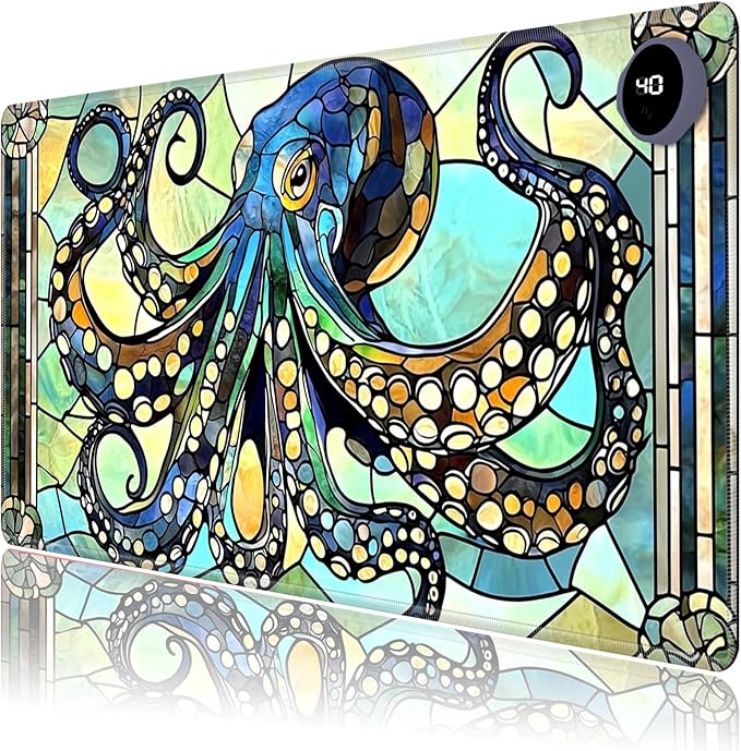 Heated Mouse Pad,Warm Desk Pad with 3 Levels Heating & 3 Hours Auto Shut-Off, PU Leather Heated Desk Pad Warmer Pad for Home Office - 23.6 x 14.2 inch,Fun Octopus