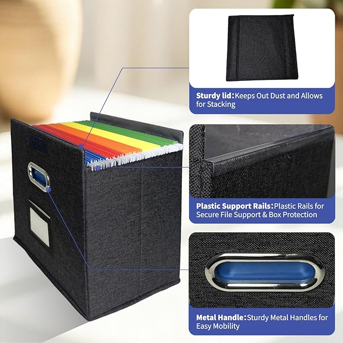 4 Pack Hanging File Folder Box with Lid, Durable Letter Size Filing Storage Box, Sturdy File Holder with Cardboard Support PVC Rails for Office Home Organizer, Black