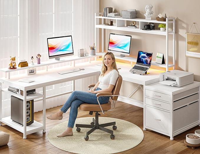 EnHomee 64 x 60 Inch L Shaped Desk with Shelf and Drawers, Gaming Desk with Power Outlet & Monitor Stand & LED Lights, Reversible White Vanity Desk, Two Person Desk for Living, Gaming Room, White