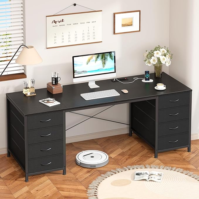 YOMILUVE 60 Inch Computer Desk with 8 Drawers, Home Office Desk with Power Outlets, Work Study Gaming Desk with 8 Fabric Drawers, Black