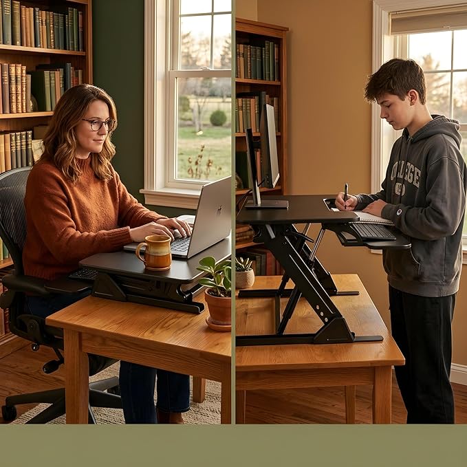 Standing Desk Converter 32 x 24 Inches - Height Adjustable Sit to Stand Riser with Keyboard Tray, Ergonomic Workstation for Home Office, Black