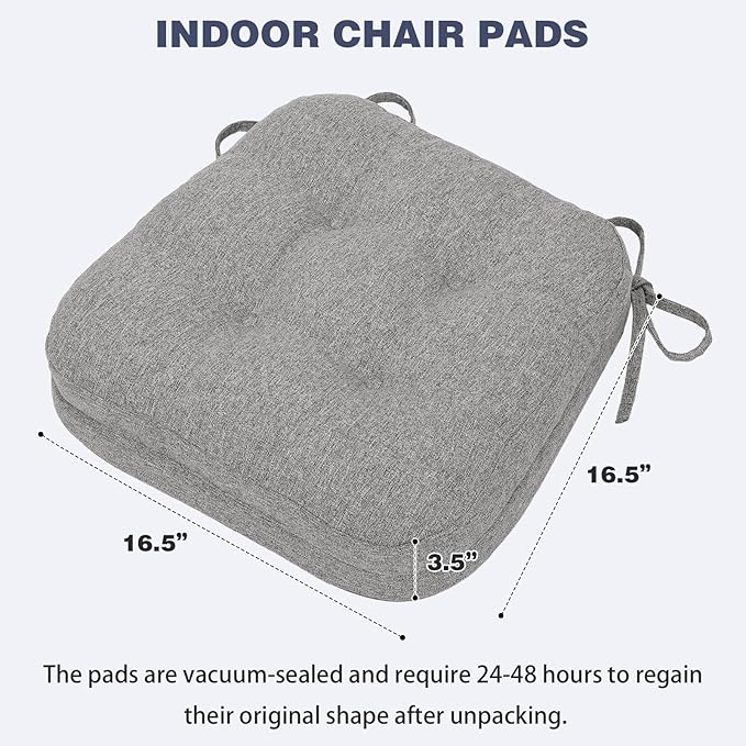 baibu Set of 4 Dining Chair Cushions, Dual-Layer Patent Design Memory Foam Kitchen Chair Cushions, Non-Slip Seat Pads with Ties, 16.5 x 16.5 x 3.5in, 4 Pack,Light Grey