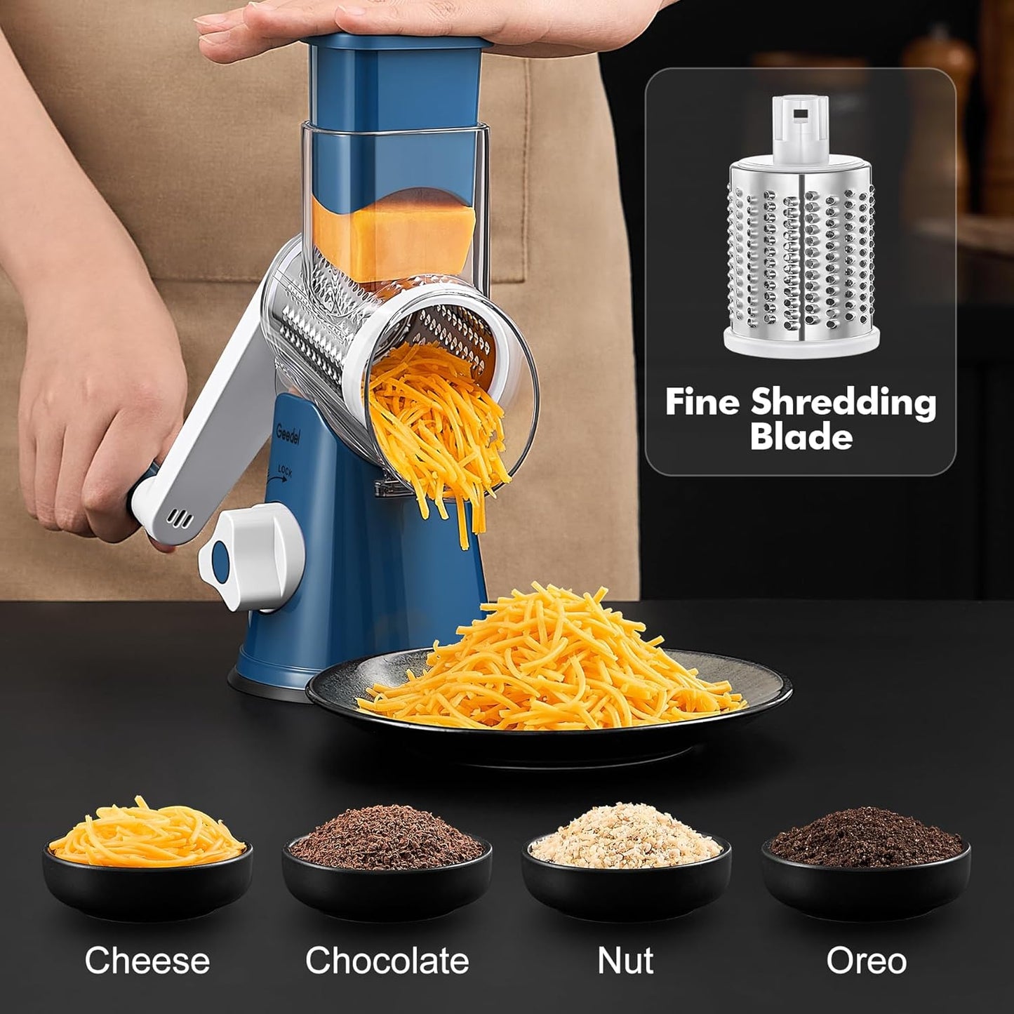 Rotary Cheese Grater Hand Crank, Cheese Shredder Vegetable Slicer | 3 Blades, 430 Stainless Steel, 12X Fast Cutting, Strong Suction Base, No BPA, Dishwasher Safe, for Cheese, Viggie, Nut
