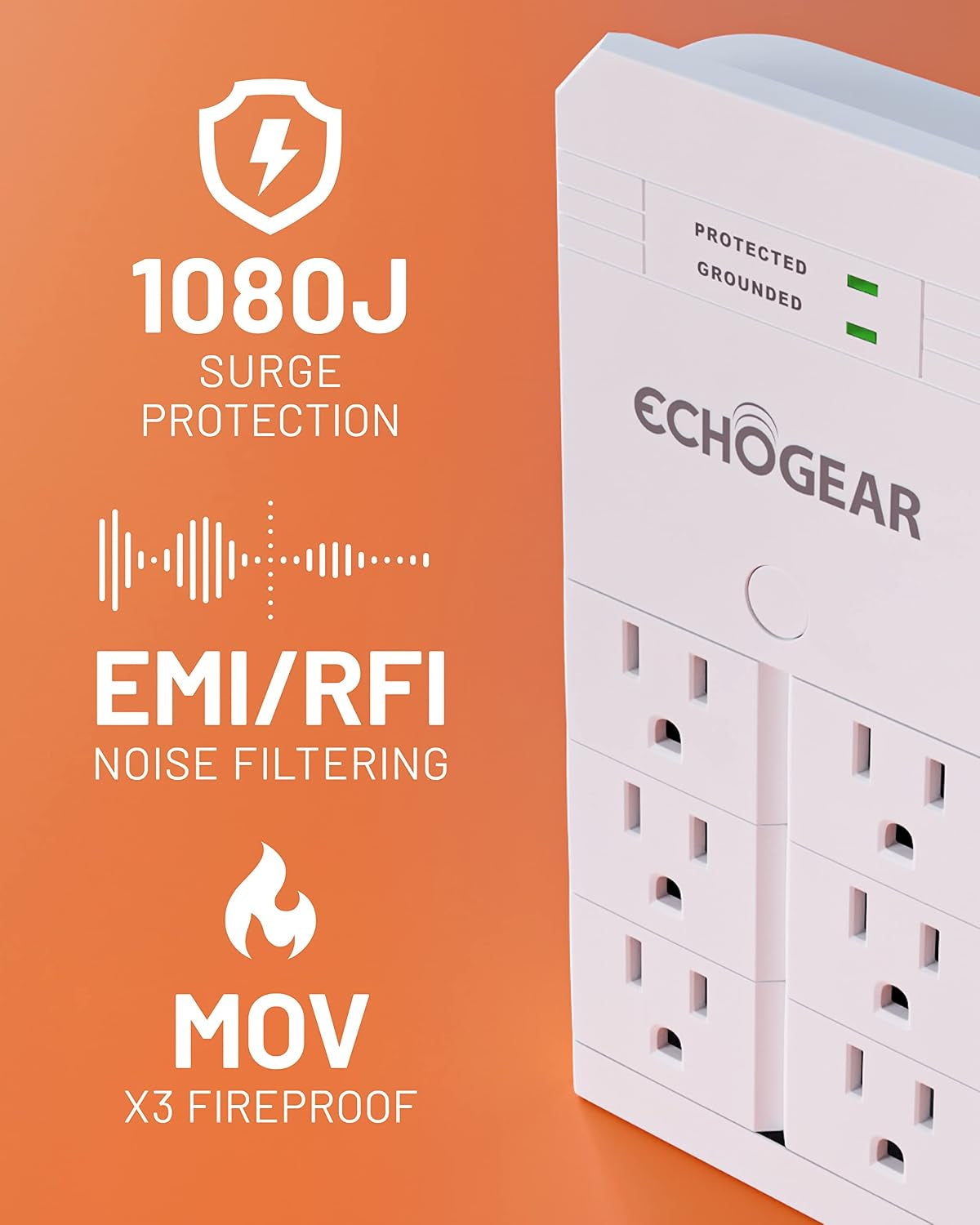 On-Wall Surge Protector with 6 Pivoting AC Outlets & 1080 Joules of Surge Protection - Low Profile Design Installs over Existing Outlets to Protect Your Gear (White 2 Pack)