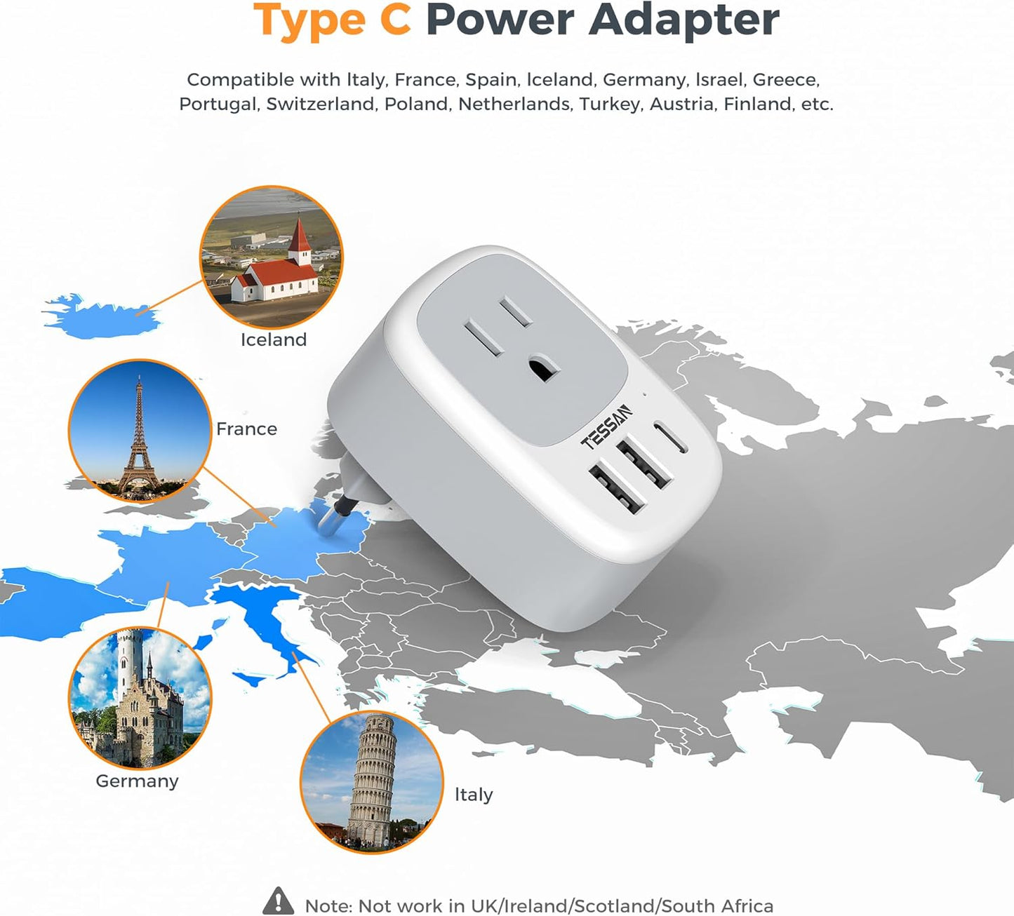 Type G Power Adapter, UK Outlet Adaptor | 3 USB Ports (1 USB C), US to UK Ireland Hong Kong British England Scotland Irish Qatar London