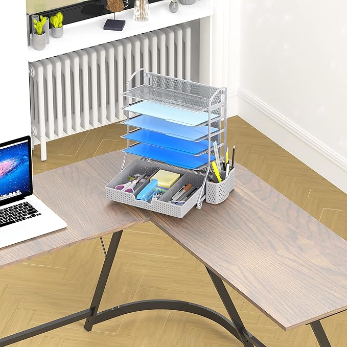 Simple Houseware 6-Tier Desk Document File Tray Organizer with Sliding Drawer, Silver