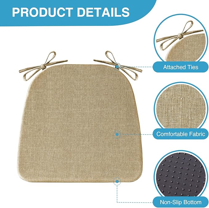 IASEAHK Chair Cushions for Dining Chairs Set of 6, Non Slip Kitchen Chair Pads, 17" x 16" x 2", Indoor Dining Chair Cushions with Ties, D-Shaped Seat Cushions for Kitchen Chairs, Khaki