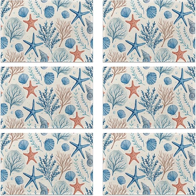 Watercolor Shell Starfish Table Placemats Set of 6, Linen Placemats 12x18 Inch, Washable Non Slip Heat Resistant Mats for Dining Table Kitchen Indoor Use