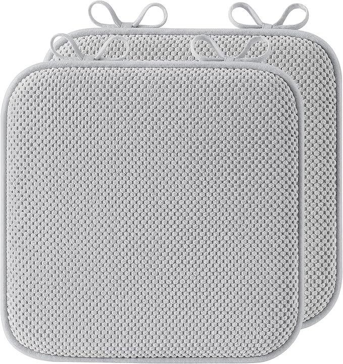 puredown® Chair Cushions for Dining Chairs, Set of 2 Memory Foam Seat Cushions with Non-Slip Backing & Ties, 16" x 16" x 1.5", Comfortable & Supportive Dining Chair Pads for Kitchen, Light Grey