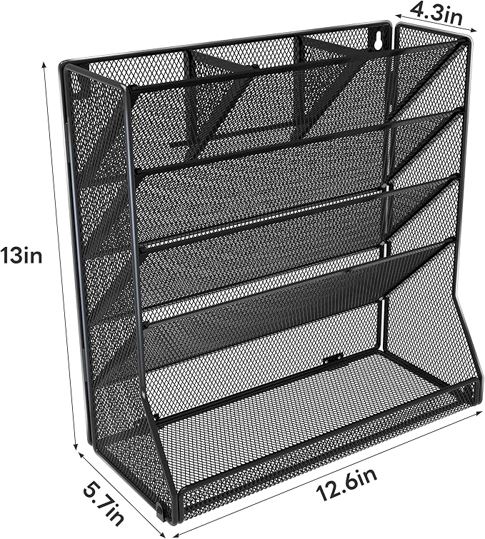 Jakyitvi File Organizer Wall Mounted 5 Tiers, Durable Adjustable Metal Vertical Hanging, Stable R-Shaped Bottom 4 Pull-Out Deviders to Sort File,Mail,Newspaper,Pen, Suitable for Office,Black