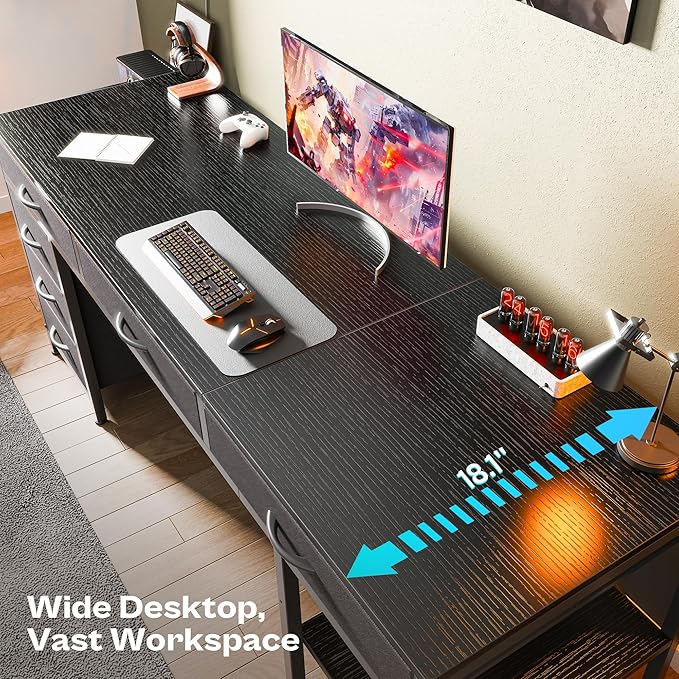 Huuger Computer Desk with 6 Drawers, Office Desk with Shelves, Reversible Gaming Desk, Corner Desk with Storage, Work for Home Office, Study, Living Room, 63inch, Black