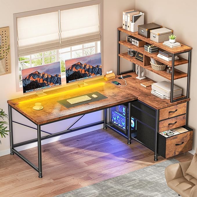 DurayLoly Office Desk with 3 Fabric Drawers & Shelf, Reversible L Shaped Desk Computer Desk with Remote LED Lights, Power Outlet for Home Office Desk, Corner Desk for Bedroom, Brown