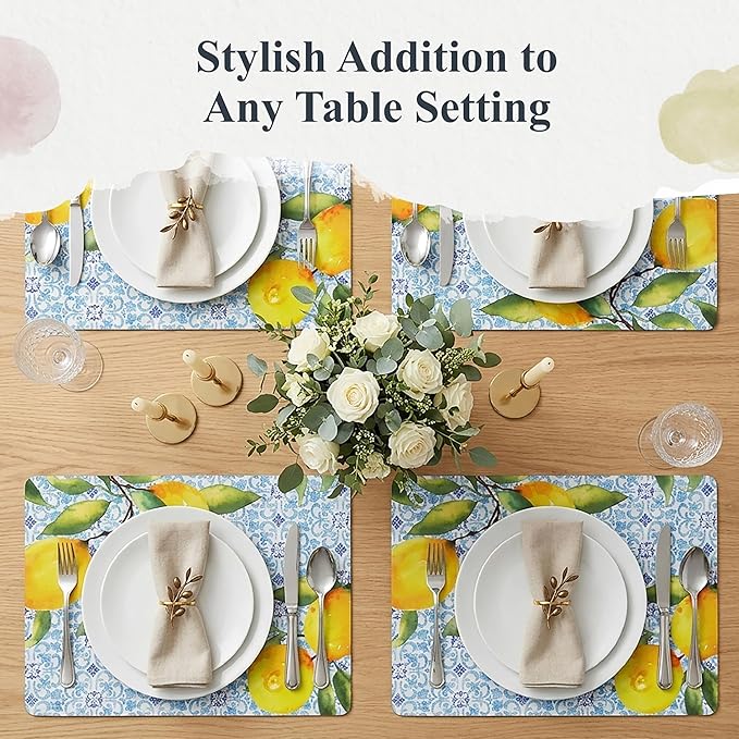 Pimpernel Amalfi Lemons Placemats, Set of 4 - Vibrant Yellow Citrus Table Mats with Blue & White Tile Pattern, Heat & Stain Resistant for Dining, Kitchen, Summer Entertaining & Gift Ideas (12" x 16")