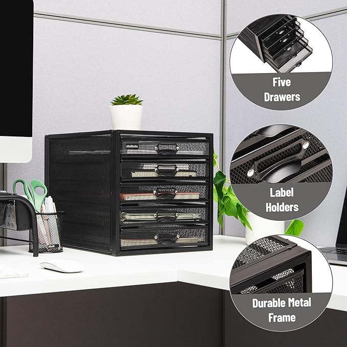 Mind Reader File Storage Drawers, Desk Organizer, Multi-Purpose, Crafts, Office, Metal Mesh, 11"L x 14"W x 11"H, Black, 5 Drawer