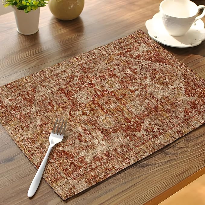 Boho Style Red Placemats Set of 4,Vintage Elegant Farmhouse Table Center Linen Decor,12x18 Inch Country Rustic Farmhouse Magical Fall Table Mats for Party Kitchen Dining Decoration