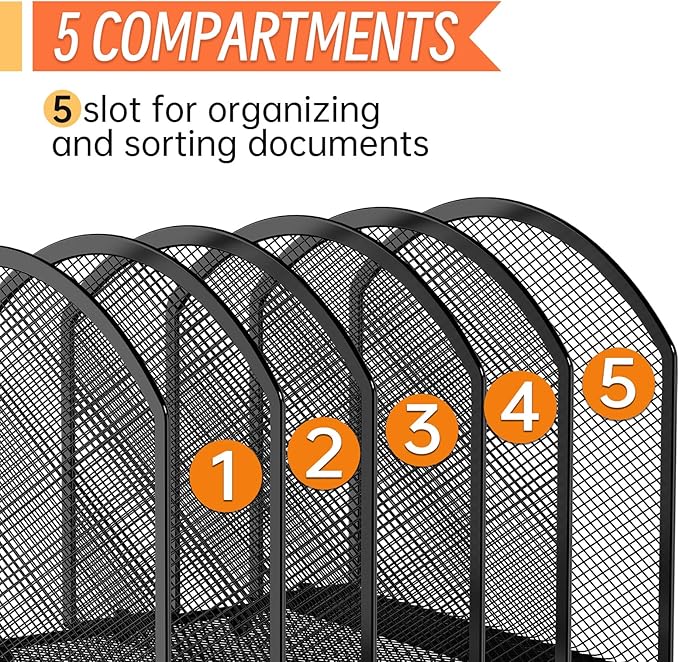 MINDEPOT Desk File Organizer 5 Sections Desktop Organizer File Mail Sorter Office Organization File Folder Holder for Office School & Classroom (Black, 5 Section - 2Pack)