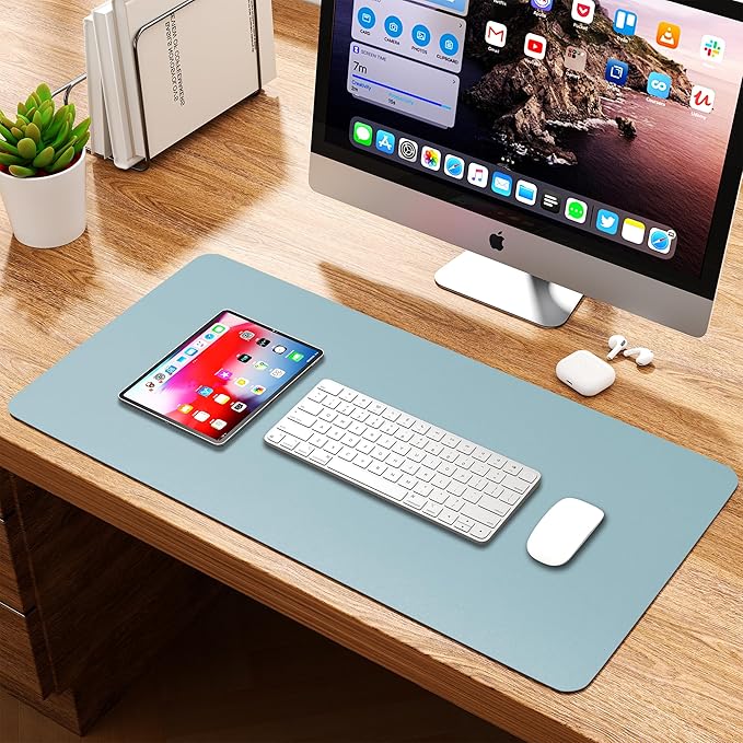 WAYBER Leather Desk Pad Protector, Waterproof Mouse Pad, PU Desk Mat, Office Desk Cover, Desk Writing Mat for Office/Home/Work/Cubicle (Light Blue/Silver) 23.7x13.8 in