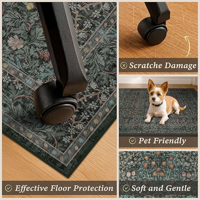 Dark Green 3x5 Office Chair Mat for Hardwood & Tile Floor, Under Desk Rug, Vintage Floral Floor Protector for Rolling Chairs, Office Oriental Low Pile Non Slip & Stain Resistant