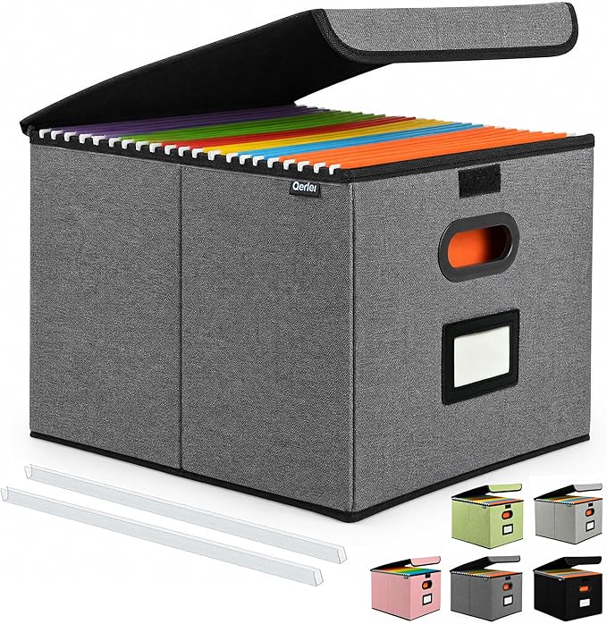Qerlei File Organizer Boxes with Lids,Collapsible File Folder Organizer with Plastic Slide,Collapsible Filing & Storage Boxes for Office/Decor/Home (Drak grey, 1 Pack)