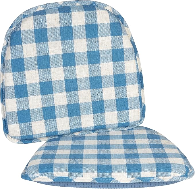 Klear Vu The Gripper Non-Slip Linen Check Dining Kitchen Chair Pads, 15" x 16" x 2", Set of 2, Liza Check Blue