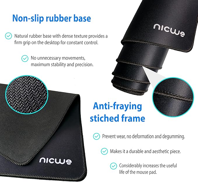 XXL Desk Pad – Large Micro Woven Cloth Mouse Pad with Non‑Slip Rubber Base, Waterproof, Double‑Stitched Edges – 35.4 x 15.75 in (Black)