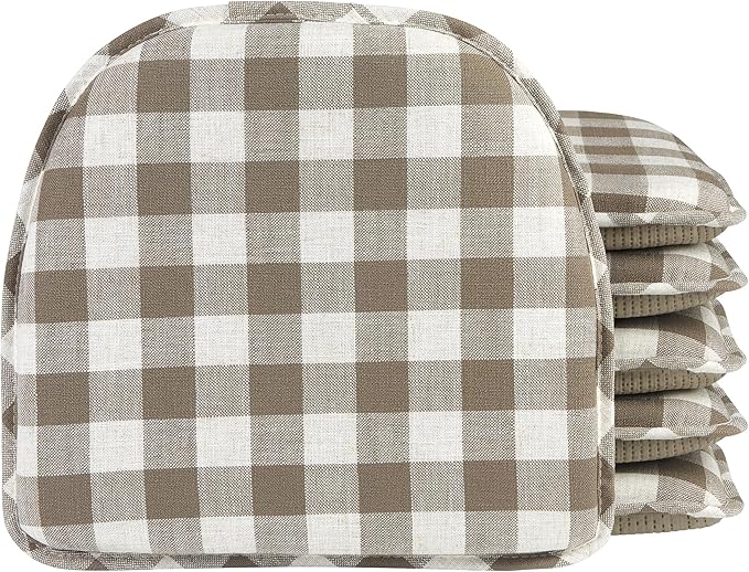 Klear Vu The Gripper Non-Slip Linen Check Dining Kitchen Chair Pads, 16" x 15", Set of 6, Liza Check Taupe