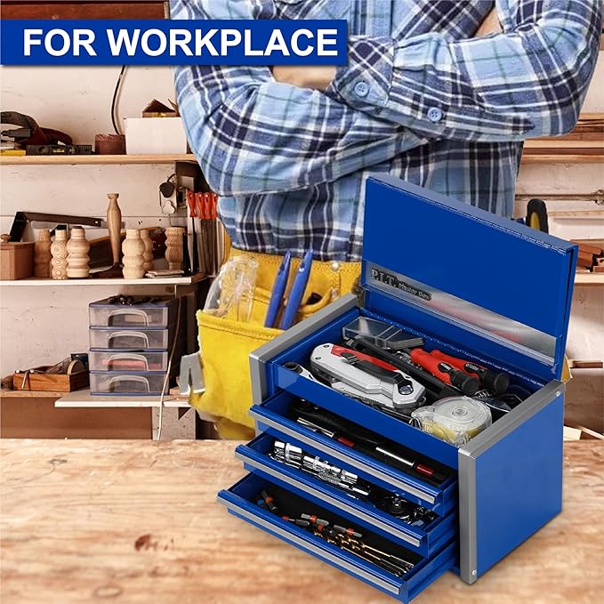 P.I.T. Mini Tool Box 8.6"W X 4.6"D, Portable 3 Drawer Steel Stackable Blue Tool Box with Magnetic Tab Locking, Blue Micro Top Chest with Liner for Tools Storage and Organizers, Home DIY