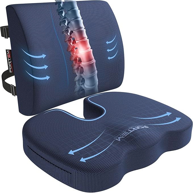 FORTEM Seat Cushion, Office Chair Cushion, Lumbar Support Pillow for Office Chair, Memory Foam Car Seat Cushions, Sciatica Coccyx Tailbone Pain Relief, Cushions for Back Support, Washable, Non Slip