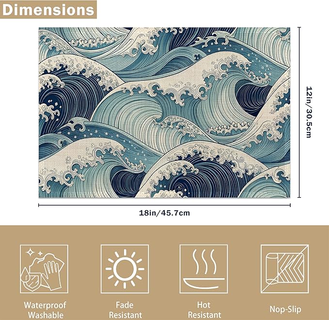 Japanese Waves Placemats Set of 6 Linen Table Mats, 12x18 Inch Washable Placemats for Dining Table, Non Slip Heat Resistant Mats for Kitchen Home Decor