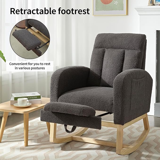 Nursery Rocking Chair with Foot Rest, Teddy Upholstered Nursery Glider Rocker Chair with Solid Wood Legs & 2 Side Pockets Comfy Armchair for Living Room Lounge Bedroom (C-Grey)