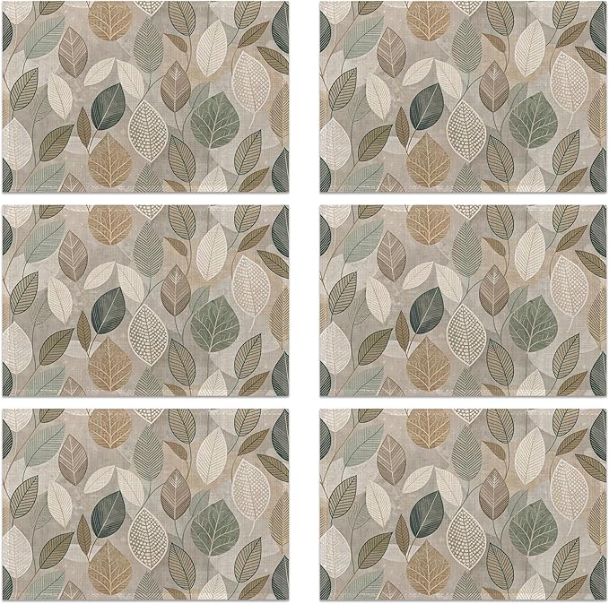 Linen Placemats Set of 6, Boho Green Leaves Washable Table Mats 12x18 Inch, Heat Resistant Non Slip Placemats for Dining Table Kitchen Everyday Use
