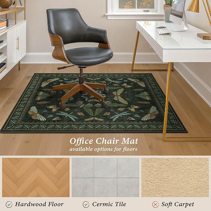 4'x5' Dark Green Office Chair Mat for Hardwood Floors, Insect Boho Design,Non-Slip Low Pile Desk Rug, 48"x60" Small Area Rug for Computer Desk Home Office, Machine Washable WFH Essential for Dorm Room