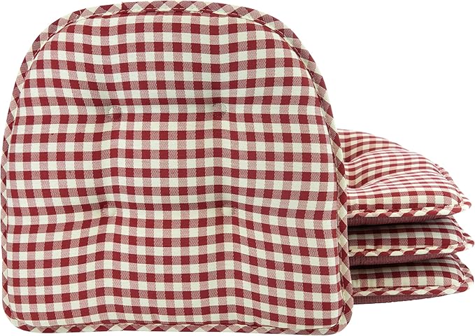 Klear Vu Omega Non-Slip Chair Cushions, Assembled in USA, U-Shaped Skid-Proof Seat Pads for Dining Room, Kitchen, Office, 15"x16" 4 Pack Gingham Red 4 Count