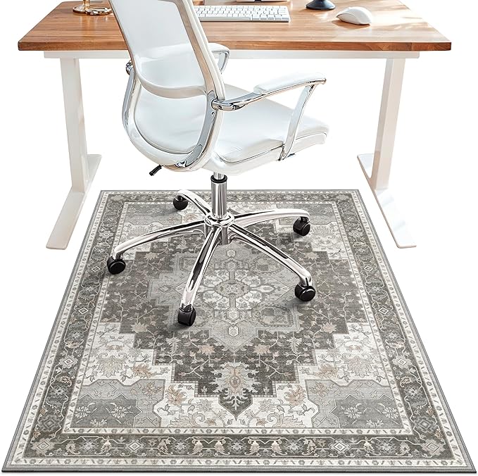 48"x60" Office Chair Mat for Hardwood Tile Floor, Under Desk Carpet Protector for Rolling Computer Chair Mat, Machine Washable Area Rug, Anti-Slip 1/5" Thick Low Pile Thin Vinyl Floor Mat, Tawny Grey