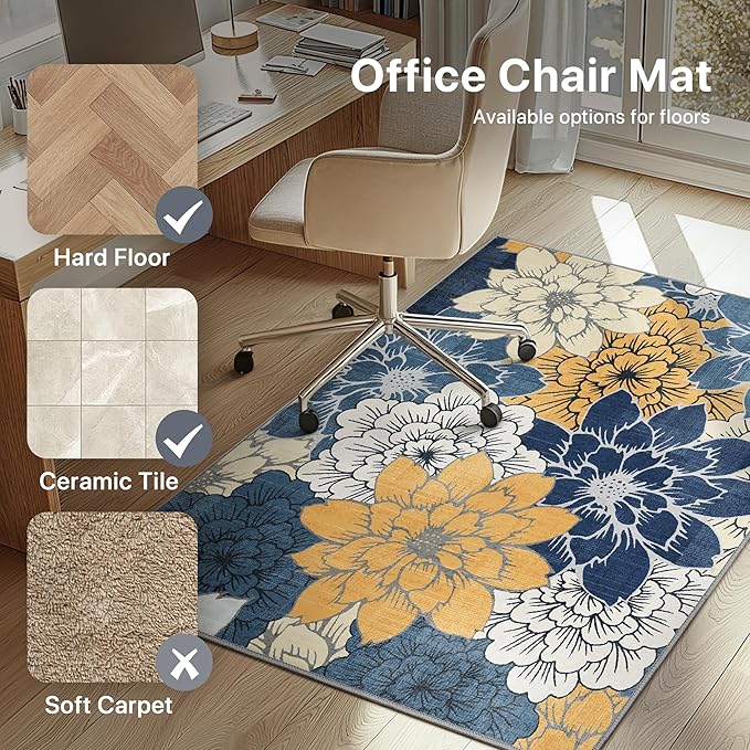 48"x60" Office Chair Mat for Hardwood Tile Floor, Under Desk Carpet Protector for Rolling Computer Chair Mat, Machine Washable Area Rug, Anti-Slip 1/5" Thick Low Pile Thin Vinyl Floor Mat, Navy Yellow