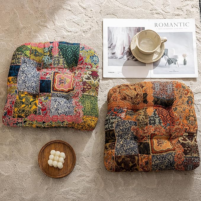 vctops Boho Paisley Chair Cushions with Ties Patchwork U-Shaped Soft Cozy Cotton Linen Chair Pads Non Slip Seat Cushions for Indoor Dining Room and Kitchen Chairs (Tan,16"x16")